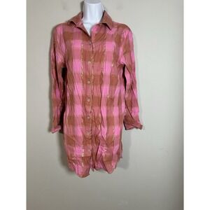Victoria's Secret Plaid Sleep Shirt Nightgown XS Pink Brown‎ Gold Metallic EUC